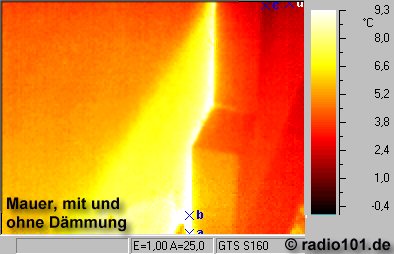 Wrmebilder: Mauer mit und ohne Wrmedmmung - Infrarotaufnahme / Wrmebild / Thermografische Aufnahme