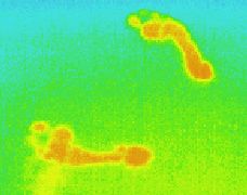 Thermographic picture - infrared photograph: warm foot prints on cold stone tiles, still visible after minutes