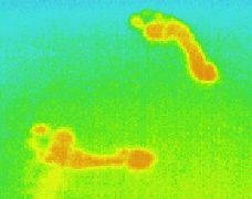 Thermographiebild, Infrarotaufnahme / Wärmebild / Thermografische Aufnahme: Fussabdrücke sind noch ein paar Minuten zu sehen !