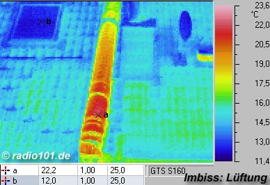 warm ventilation pipe on a cold roof  : Infrared image / thermal image