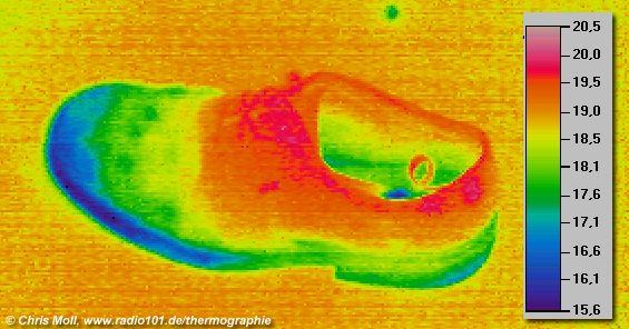 Schuh, Thermographiebild / Infrarotaufnahme / Wärmebild / Thermografische Aufnahme